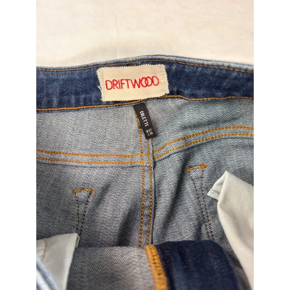 Driftwood Colette Straight Leg Jeans Blue Embroidered Hem W27 L26 Medium Wash
